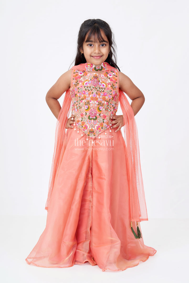 The Nesavu Girls Sharara / Plazo Set Girls Orange Jumpsuit Set in Glazed Organza with Designer Embroidery and Festive Dupatta Nesavu 24 (5Y) / Peach GPS419C-24 Nesavu Girls Orange Jumpsuit Outfit Glazed Organza Embroidered Bodice Dupatta