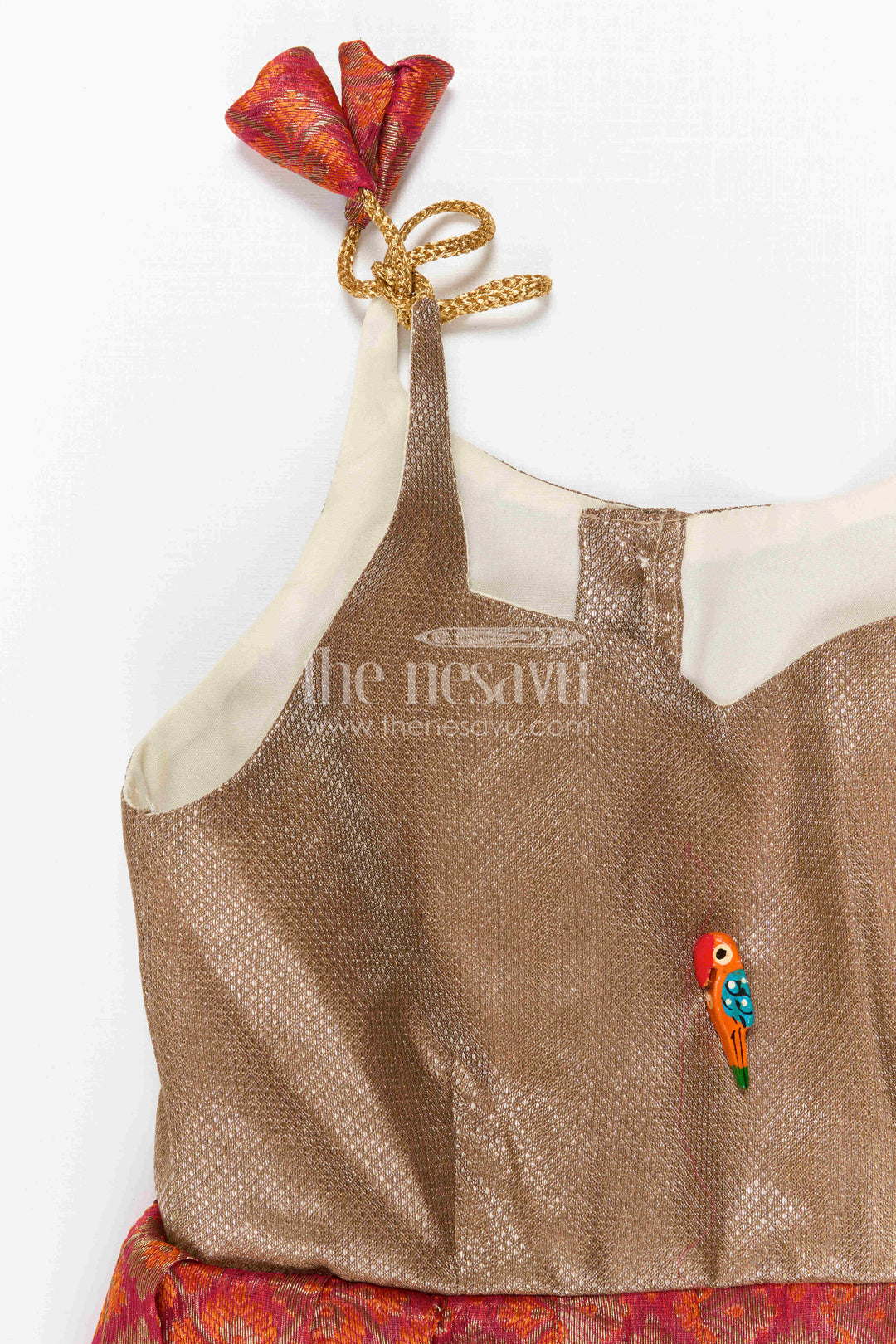 The Nesavu Tie-up Frock Girls Orange Tie up Frock for Festive Family Celebrations Nesavu Nesavu Girls Orange Semi Banaras Tie Up Frock With Tissue Silk Yoke For Festive Wear