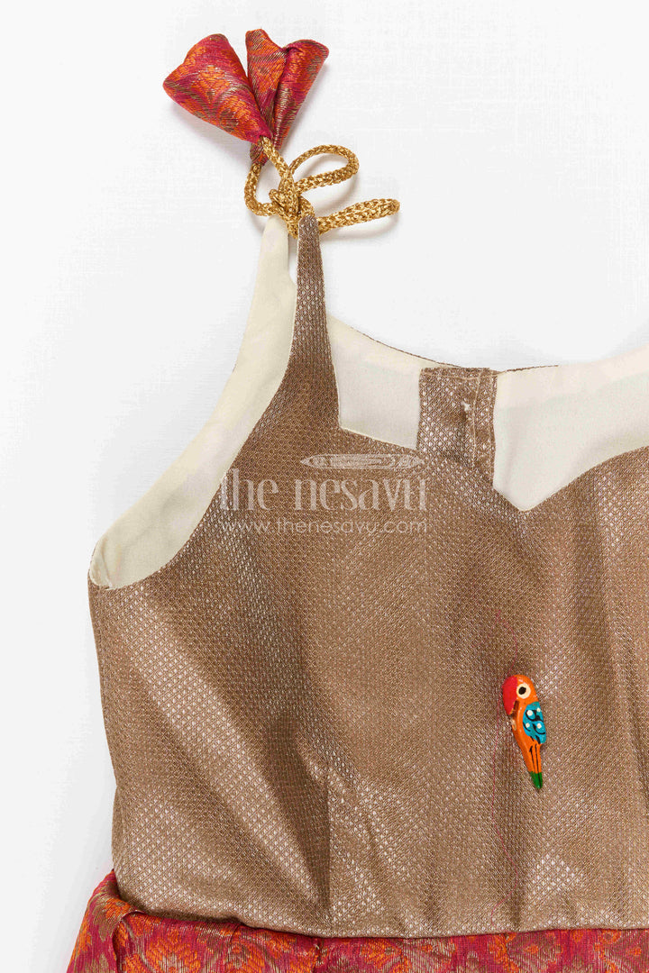 The Nesavu Tie-up Frock Girls Orange Tie up Frock for Festive Family Celebrations Nesavu Nesavu Girls Orange Semi Banaras Tie Up Frock With Tissue Silk Yoke For Festive Wear