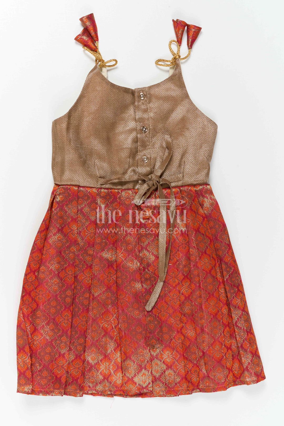 The Nesavu Tie-up Frock Girls Orange Tie up Frock for Festive Family Celebrations Nesavu Nesavu Girls Orange Semi Banaras Tie Up Frock With Tissue Silk Yoke For Festive Wear