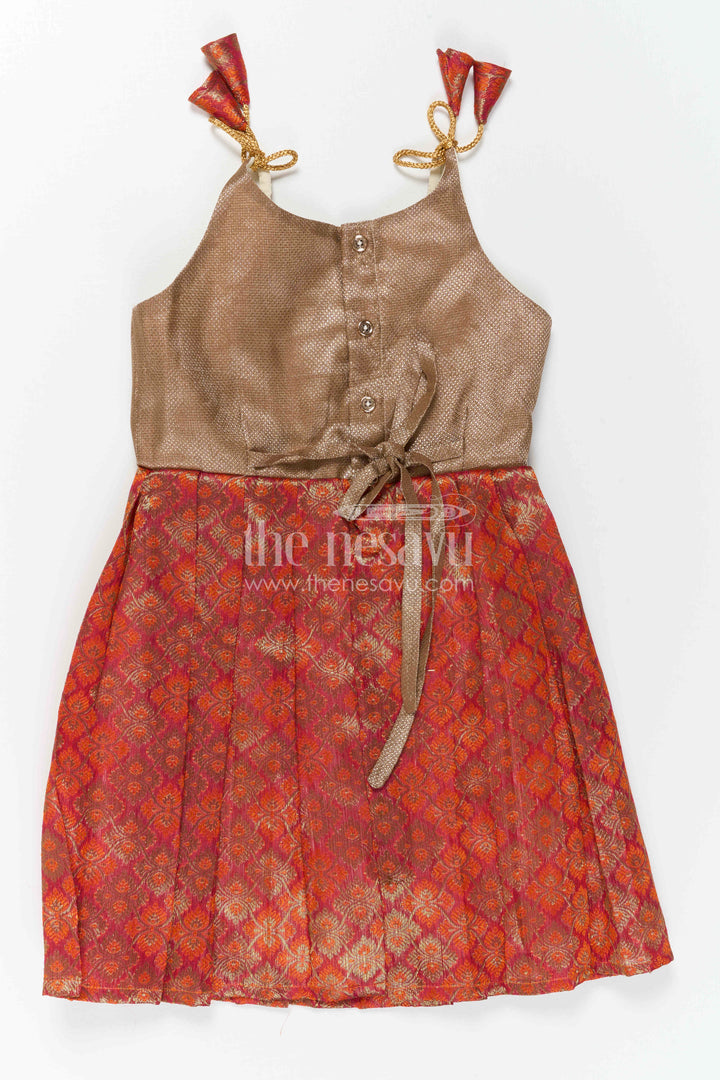 The Nesavu Tie-up Frock Girls Orange Tie up Frock for Festive Family Celebrations Nesavu Nesavu Girls Orange Semi Banaras Tie Up Frock With Tissue Silk Yoke For Festive Wear