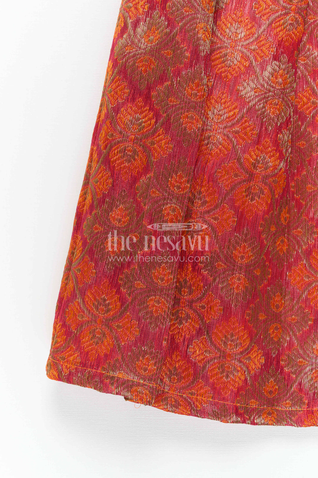 The Nesavu Tie-up Frock Girls Orange Tie up Frock for Festive Family Celebrations Nesavu Nesavu Girls Orange Semi Banaras Tie Up Frock With Tissue Silk Yoke For Festive Wear