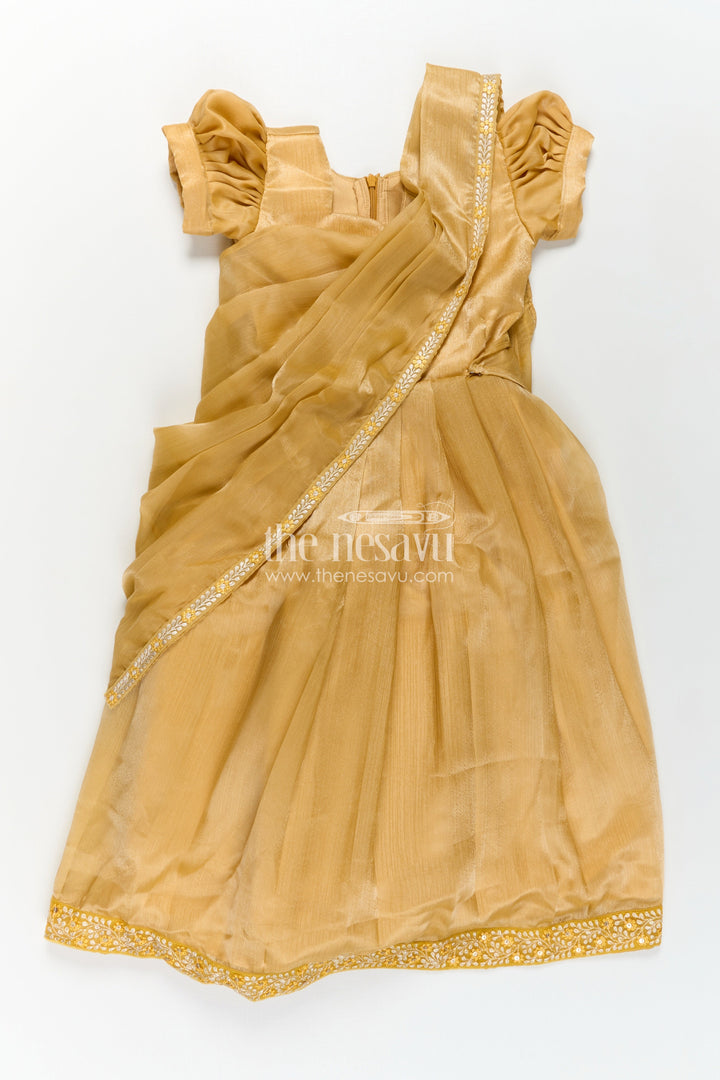 The Nesavu Girls Party Gown Girls Organza Anarkali Dress with Thread Embroidery Lace and Embellished Dupatta in Elegant Golden Tone Nesavu Girls Golden Organza Anarkali Dress with Embroidered Lace and Flowing Dupatta | The Nesavu