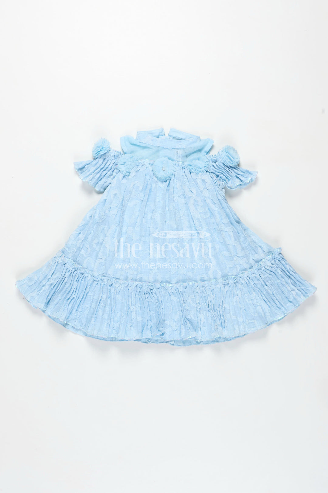 The Nesavu Girls Cotton Frock Girls Organza Frock Design 2025 in Sky Blue Crushed Fabric with Puff Sleeves and Delicate Flower Accents Nesavu Nesavu Girls Organza Frock Design 2025 Sky Blue Crushed Finish Floral Puff Sleeves