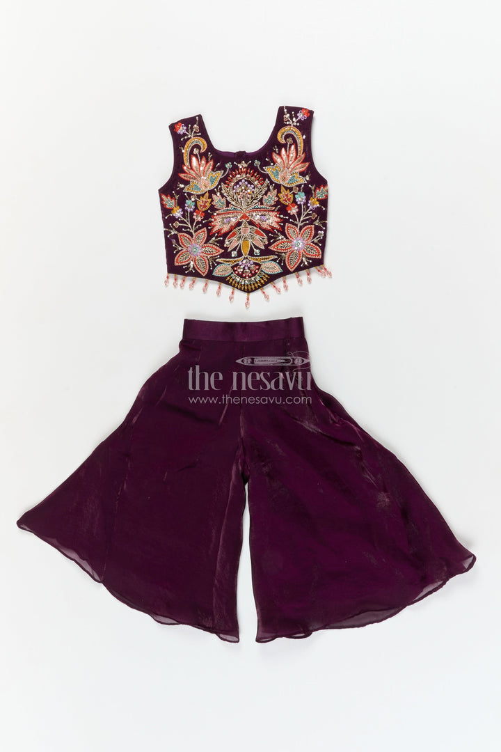 The Nesavu Girls Sharara / Plazo Set Girls Organza Plazo Set with Sequin Blouse for Receptions and Party Wear Nesavu 18 (2Y) / Purple / Organza GPS937A-18 Nesavu girls organza plazo set with floral embroidered blouse and dupatta for party and reception wear