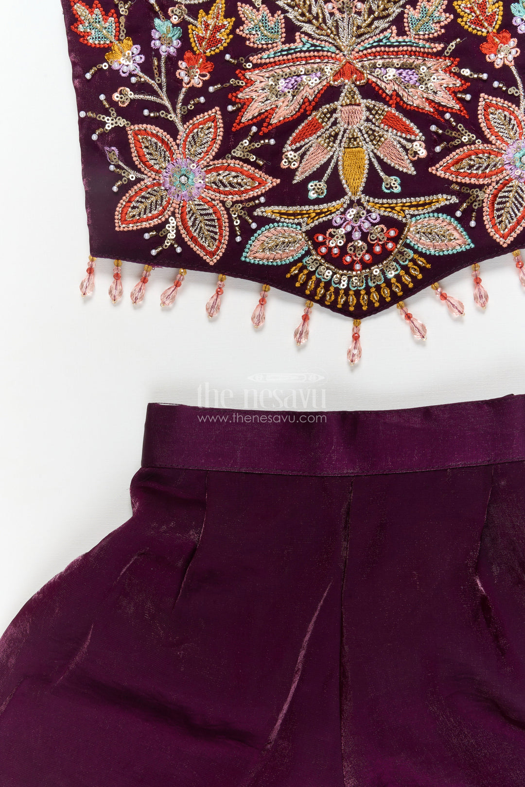 The Nesavu Girls Sharara / Plazo Set Girls Organza Plazo Set with Sequin Blouse for Receptions and Party Wear Nesavu Nesavu girls organza plazo set with floral embroidered blouse and dupatta for party and reception wear