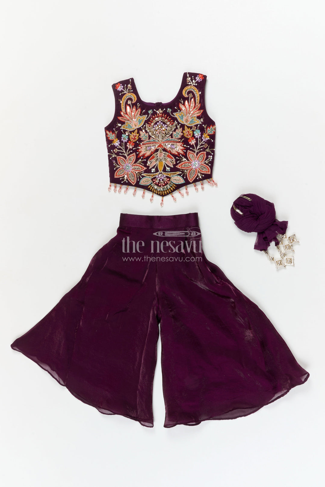 The Nesavu Girls Sharara / Plazo Set Girls Organza Plazo Set with Sequin Blouse for Receptions and Party Wear Nesavu Nesavu girls organza plazo set with floral embroidered blouse and dupatta for party and reception wear