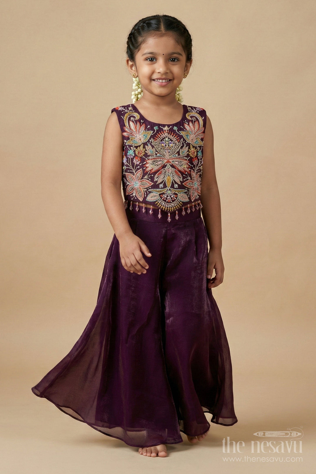 The Nesavu Girls Sharara / Plazo Set Girls Organza Plazo Set with Sequin Blouse for Receptions and Party Wear Nesavu Nesavu girls organza plazo set with floral embroidered blouse and dupatta for party and reception wear