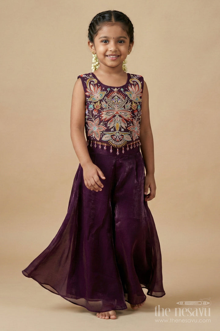 The Nesavu Girls Sharara / Plazo Set Girls Organza Plazo Set with Sequin Blouse for Receptions and Party Wear Nesavu Nesavu girls organza plazo set with floral embroidered blouse and dupatta for party and reception wear