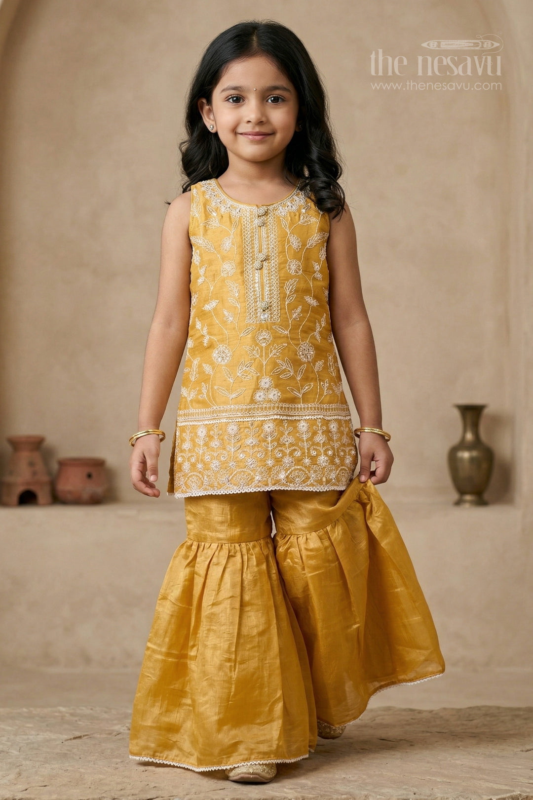 The Nesavu Girls Sharara / Plazo Set Girls Organza Sharara Set for Festive Celebrations and Wedding Events Nesavu 22 (4Y) / Yellow / Organza GPS1014A-22 Nesavu girls glaze organza sharara set with designer embroidered yoke for weddings and festive events