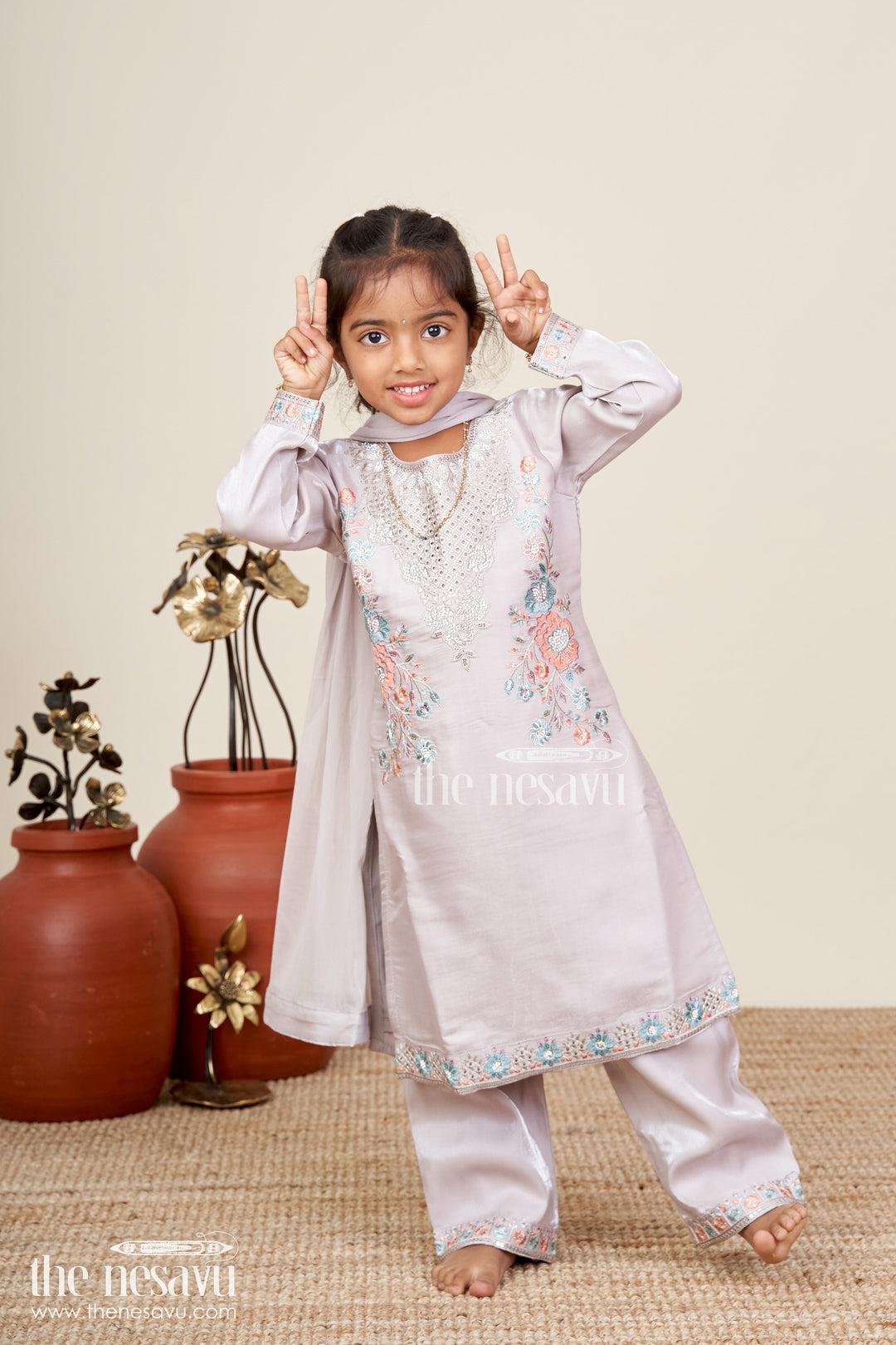 The Nesavu Girls Sharara / Plazo Set Girls organza sharara set with heavy thread embroidery for weddings Nesavu 16 (1Y) / Gray GPS825A-16 Nesavu organza blend sharara set for girls with heavy thread embroidery and festive shimmer