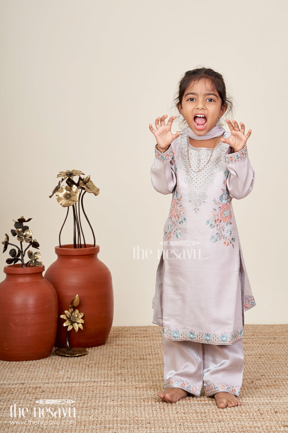 The Nesavu Girls Sharara / Plazo Set Girls organza sharara set with heavy thread embroidery for weddings Nesavu Nesavu organza blend sharara set for girls with heavy thread embroidery and festive shimmer