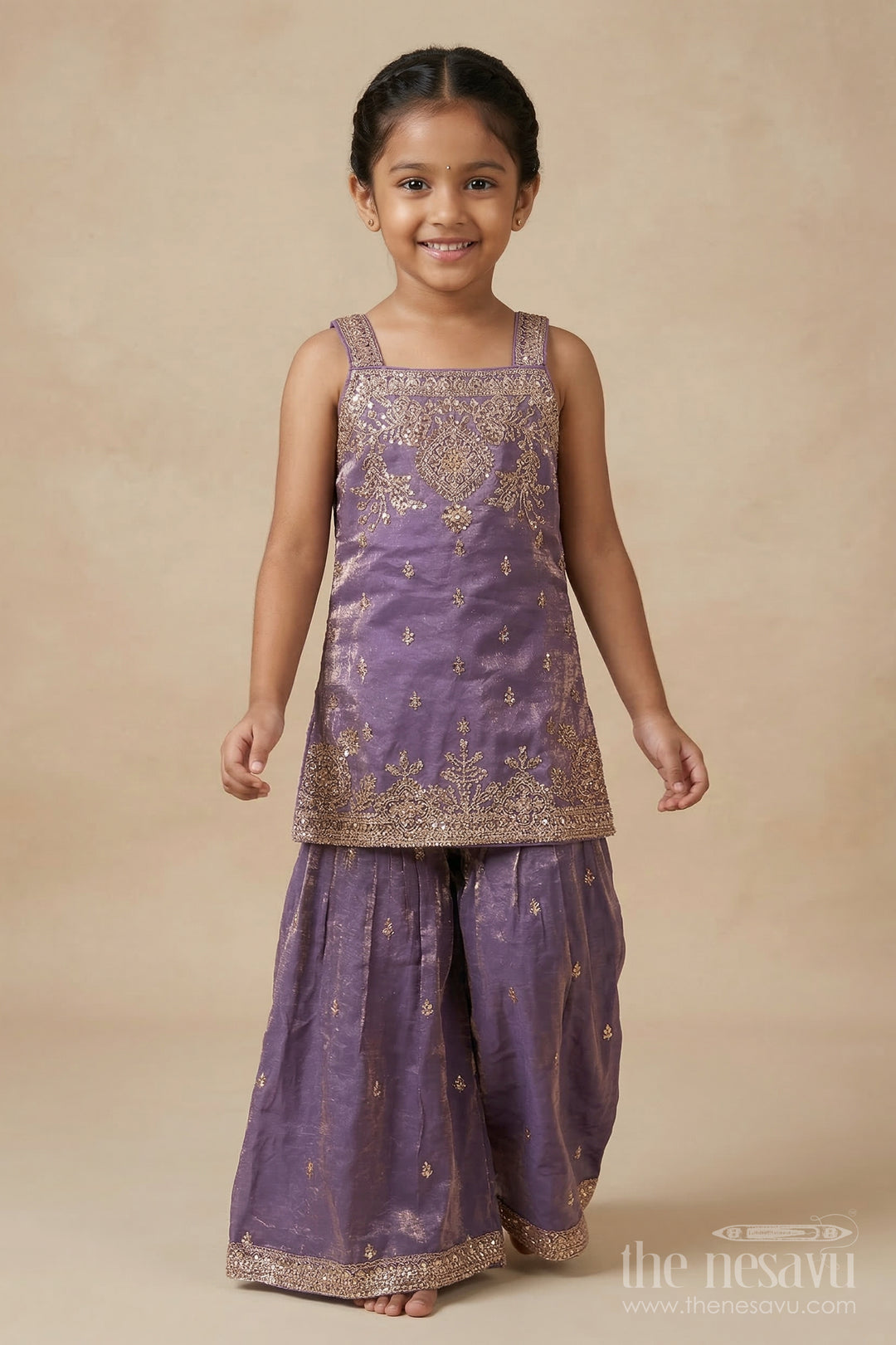 The Nesavu Girls Sharara / Plazo Set Girls Organza Sharara Set with Zari Embroidery for Weddings and Receptions Nesavu 26 (6Y) / Purple / Organza GPS960A-26 Nesavu girls organza sharara set with zari embroidery and dupatta – ideal for weddings and festive functions