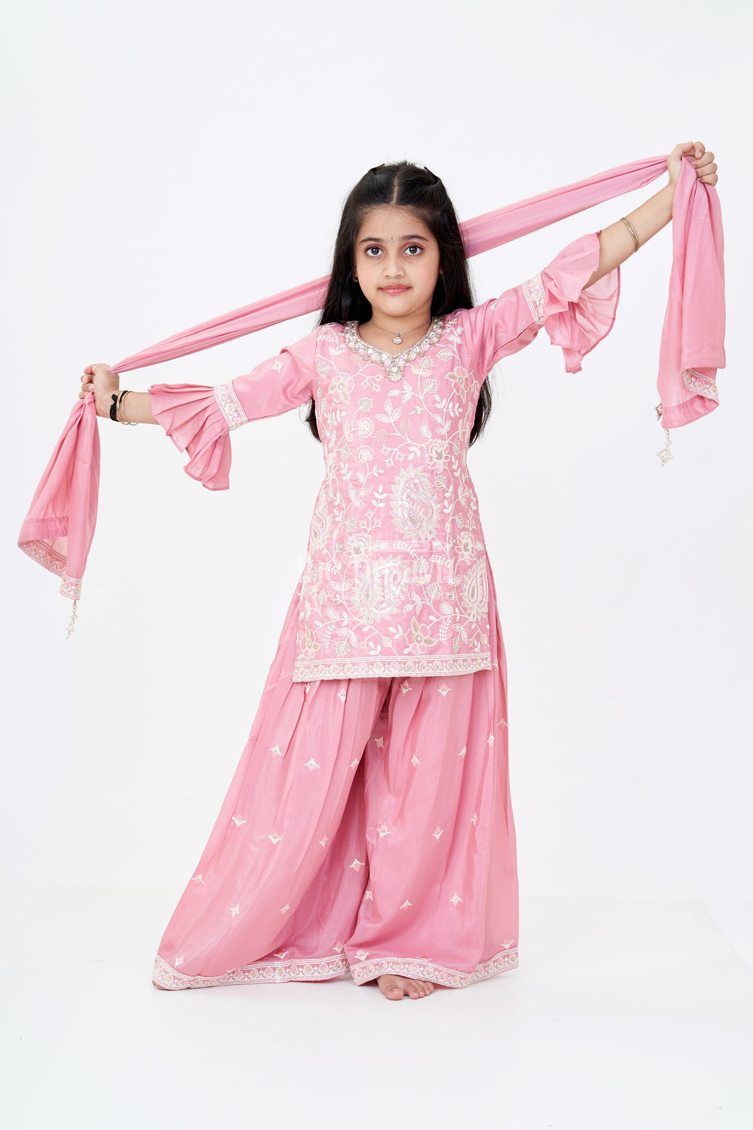The Nesavu Girls Sharara / Plazo Set Girls Pakistani Reception Dress in Rose Pink with Embroidered Kurta and Flared Sharara Nesavu 24 (5Y) / Pink GPS519A-24 Nesavu Girls Embroidered Pakistani Reception Dress Flared Sharara Bell Sleeves