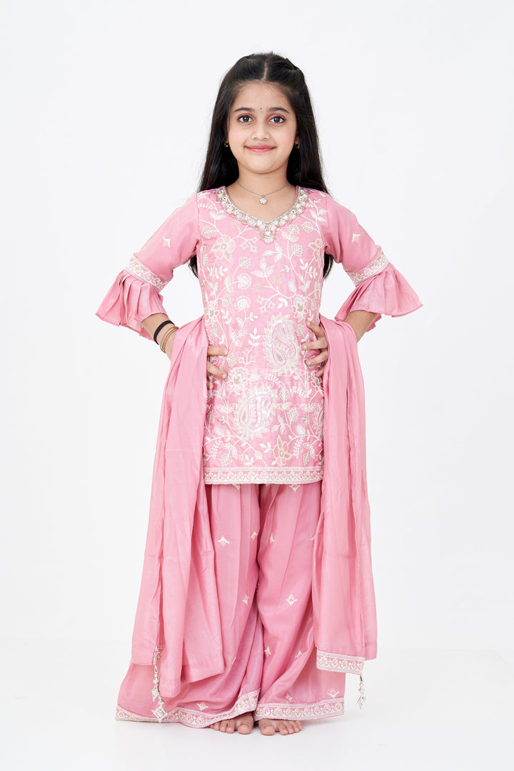 The Nesavu Girls Sharara / Plazo Set Girls Pakistani Reception Dress in Rose Pink with Embroidered Kurta and Flared Sharara Nesavu Nesavu Girls Embroidered Pakistani Reception Dress Flared Sharara Bell Sleeves