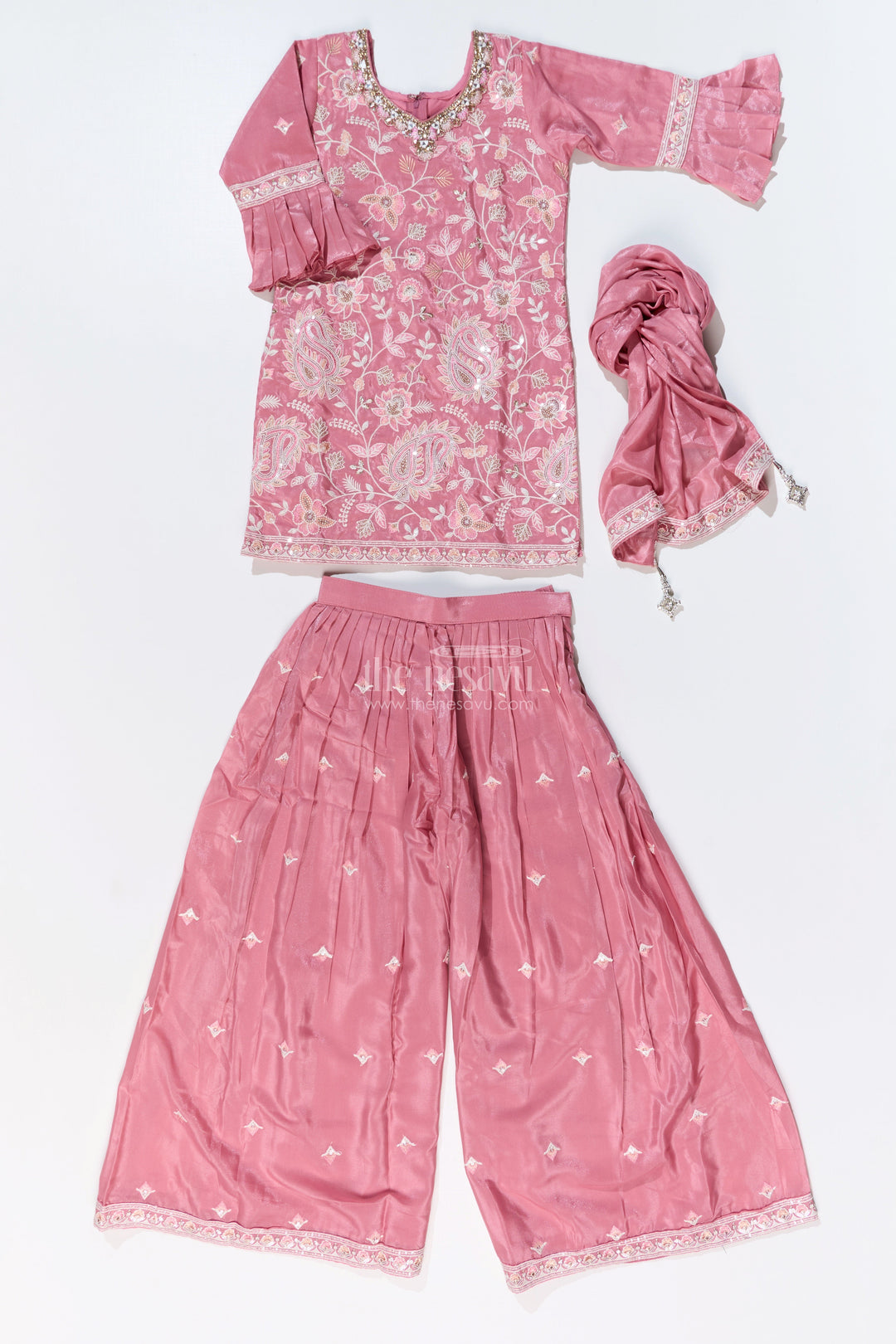 The Nesavu Girls Sharara / Plazo Set Girls Pakistani Reception Dress in Rose Pink with Embroidered Kurta and Flared Sharara Nesavu Nesavu Girls Embroidered Pakistani Reception Dress Flared Sharara Bell Sleeves