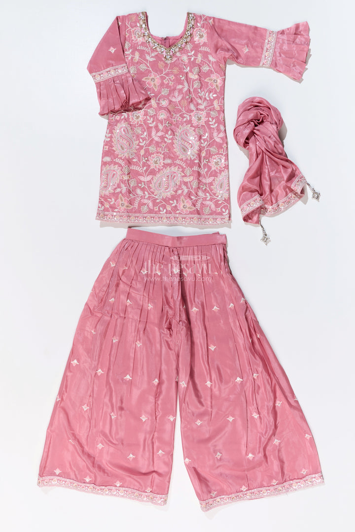 The Nesavu Girls Sharara / Plazo Set Girls Pakistani Reception Dress in Rose Pink with Embroidered Kurta and Flared Sharara Nesavu Nesavu Girls Embroidered Pakistani Reception Dress Flared Sharara Bell Sleeves