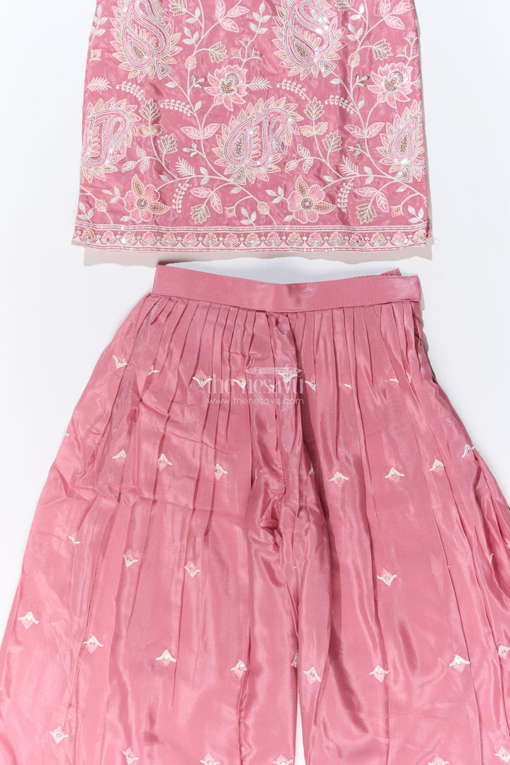 The Nesavu Girls Sharara / Plazo Set Girls Pakistani Reception Dress in Rose Pink with Embroidered Kurta and Flared Sharara Nesavu Nesavu Girls Embroidered Pakistani Reception Dress Flared Sharara Bell Sleeves