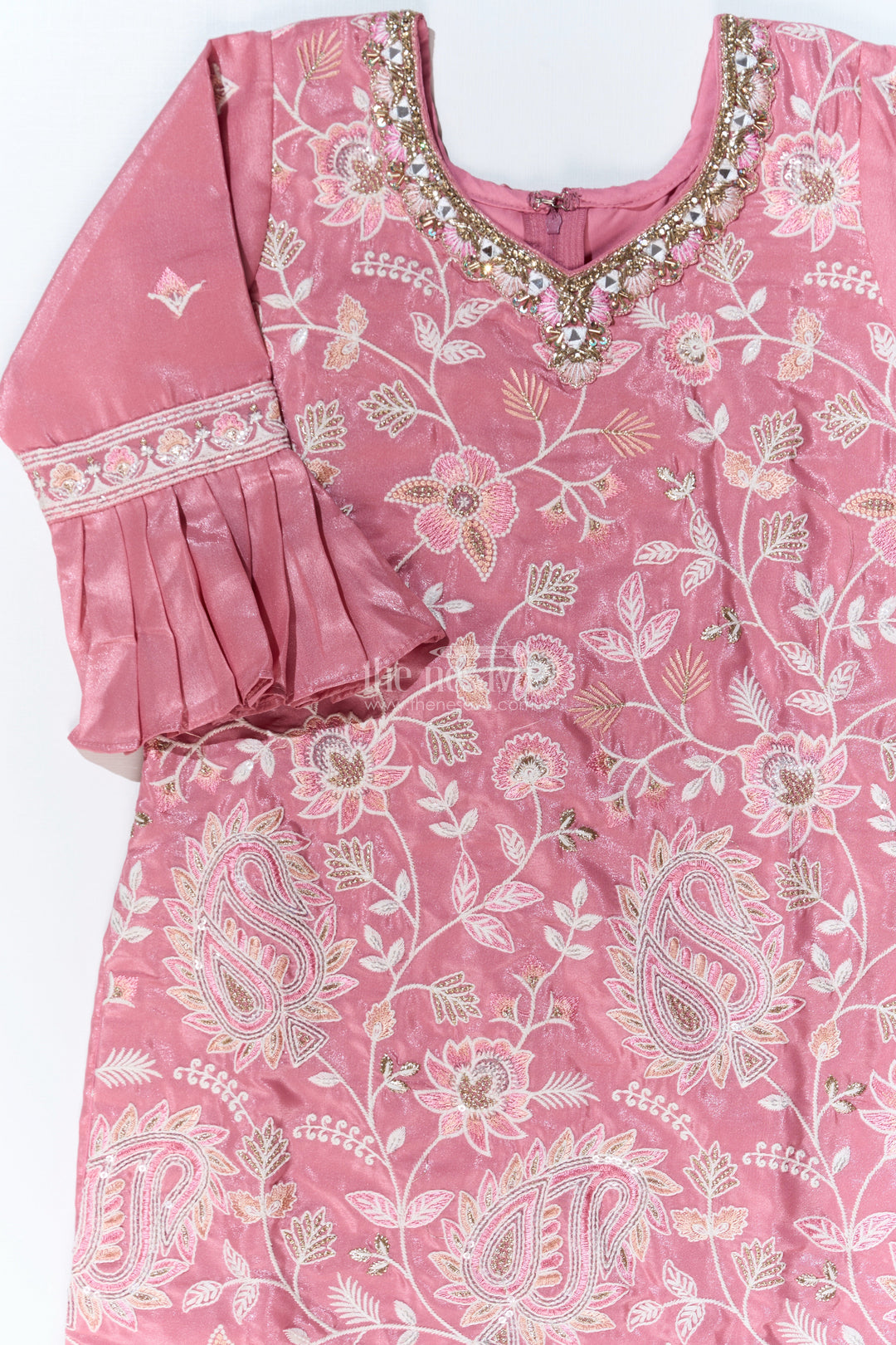 The Nesavu Girls Sharara / Plazo Set Girls Pakistani Reception Dress in Rose Pink with Embroidered Kurta and Flared Sharara Nesavu Nesavu Girls Embroidered Pakistani Reception Dress Flared Sharara Bell Sleeves