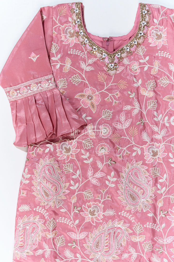 The Nesavu Girls Sharara / Plazo Set Girls Pakistani Reception Dress in Rose Pink with Embroidered Kurta and Flared Sharara Nesavu Nesavu Girls Embroidered Pakistani Reception Dress Flared Sharara Bell Sleeves