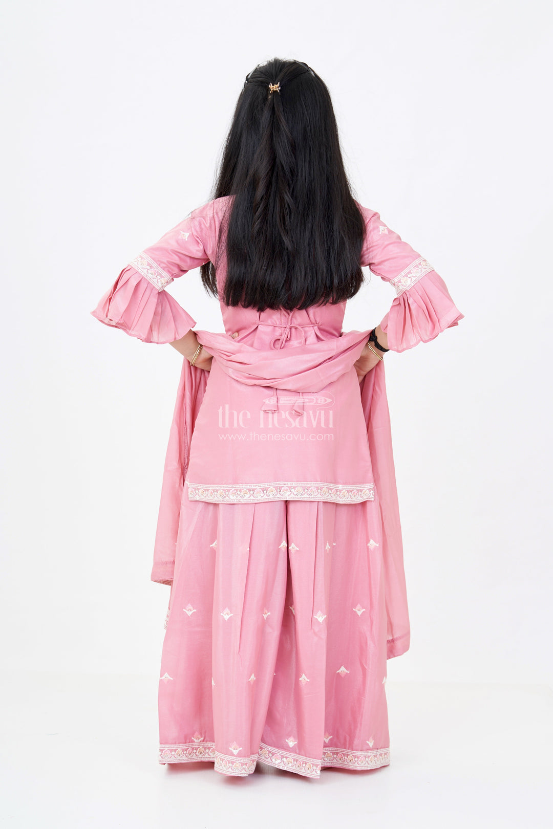The Nesavu Girls Sharara / Plazo Set Girls Pakistani Reception Dress in Rose Pink with Embroidered Kurta and Flared Sharara Nesavu Nesavu Girls Embroidered Pakistani Reception Dress Flared Sharara Bell Sleeves