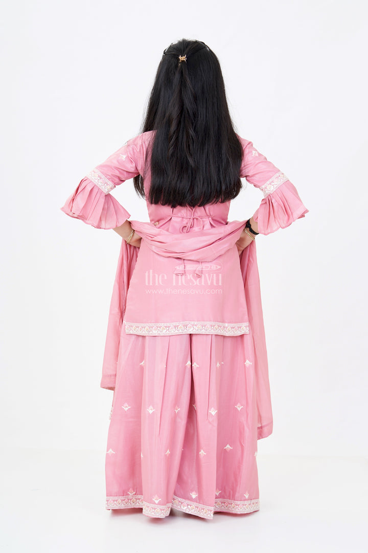 The Nesavu Girls Sharara / Plazo Set Girls Pakistani Reception Dress in Rose Pink with Embroidered Kurta and Flared Sharara Nesavu Nesavu Girls Embroidered Pakistani Reception Dress Flared Sharara Bell Sleeves