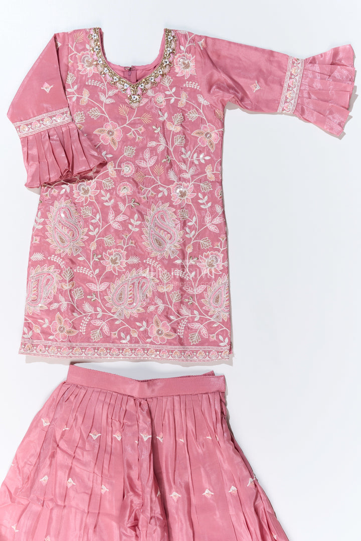 The Nesavu Girls Sharara / Plazo Set Girls Pakistani Reception Dress in Rose Pink with Embroidered Kurta and Flared Sharara Nesavu Nesavu Girls Embroidered Pakistani Reception Dress Flared Sharara Bell Sleeves