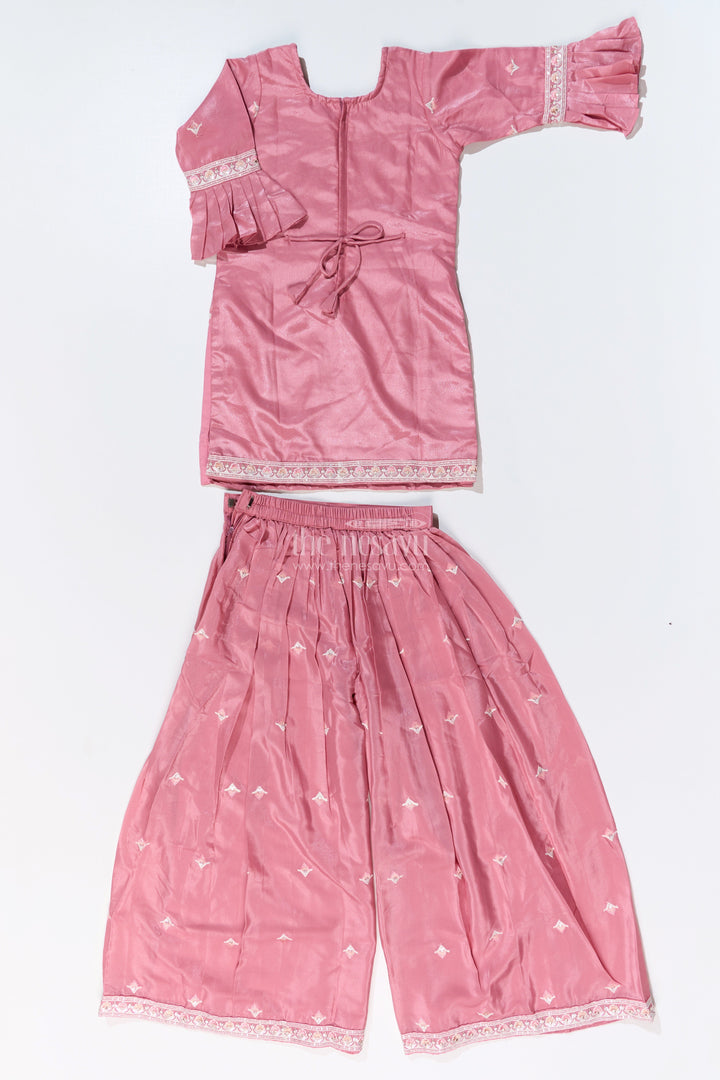 The Nesavu Girls Sharara / Plazo Set Girls Pakistani Reception Dress in Rose Pink with Embroidered Kurta and Flared Sharara Nesavu Nesavu Girls Embroidered Pakistani Reception Dress Flared Sharara Bell Sleeves