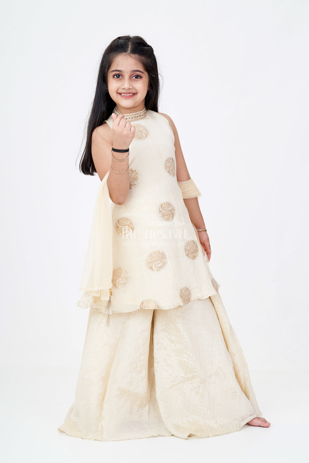 The Nesavu Girls Sharara / Plazo Set Girls Palazzo Pants and Top Set in Beige Viscose Tissue with Zari Weave Butta Design Nesavu 24 (5Y) / Cream GPS566A-24 Nesavu Girls Palazzo Pants Top Set Beige Viscose Tissue Zari Butta Design