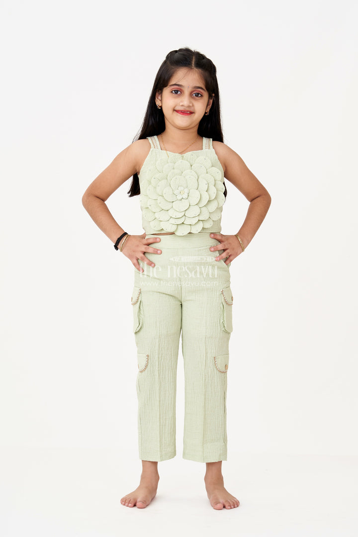 The Nesavu Girls Sharara / Plazo Set Girls Palazzo Pants for Girls in Blended Viscose Textured Fabric with 3D Floral Work and Stylish Pocket Embellishments Nesavu Nesavu Girls Palazzo Pants Girls Blended Viscose Fabric Floral Embellishment Trendy Pockets