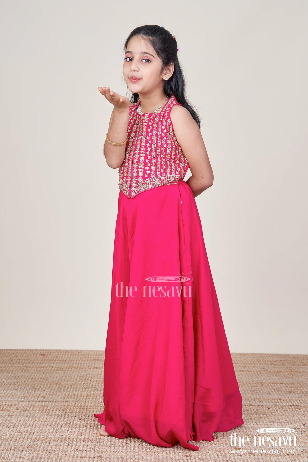 The Nesavu Girls Sharara / Plazo Set Girls Palazzo Set for Festive Celebrations and School Ethnic Days Nesavu 28 (7Y) / Maroon GPS883A-28 Nesavu girls palazzo set festive sleeveless kurti weddings school ethnic functions