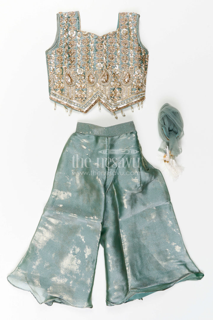 The Nesavu Girls Sharara / Plazo Set Girls Palazzo Set for Festive Weddings and Reception Parties Nesavu Nesavu Girls Palazzo Set For Festive Weddings And Reception Parties With Embroidered Ethnic Top
