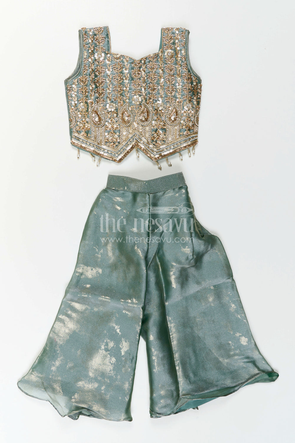 The Nesavu Girls Sharara / Plazo Set Girls Palazzo Set for Festive Weddings and Reception Parties Nesavu Nesavu Girls Palazzo Set For Festive Weddings And Reception Parties With Embroidered Ethnic Top