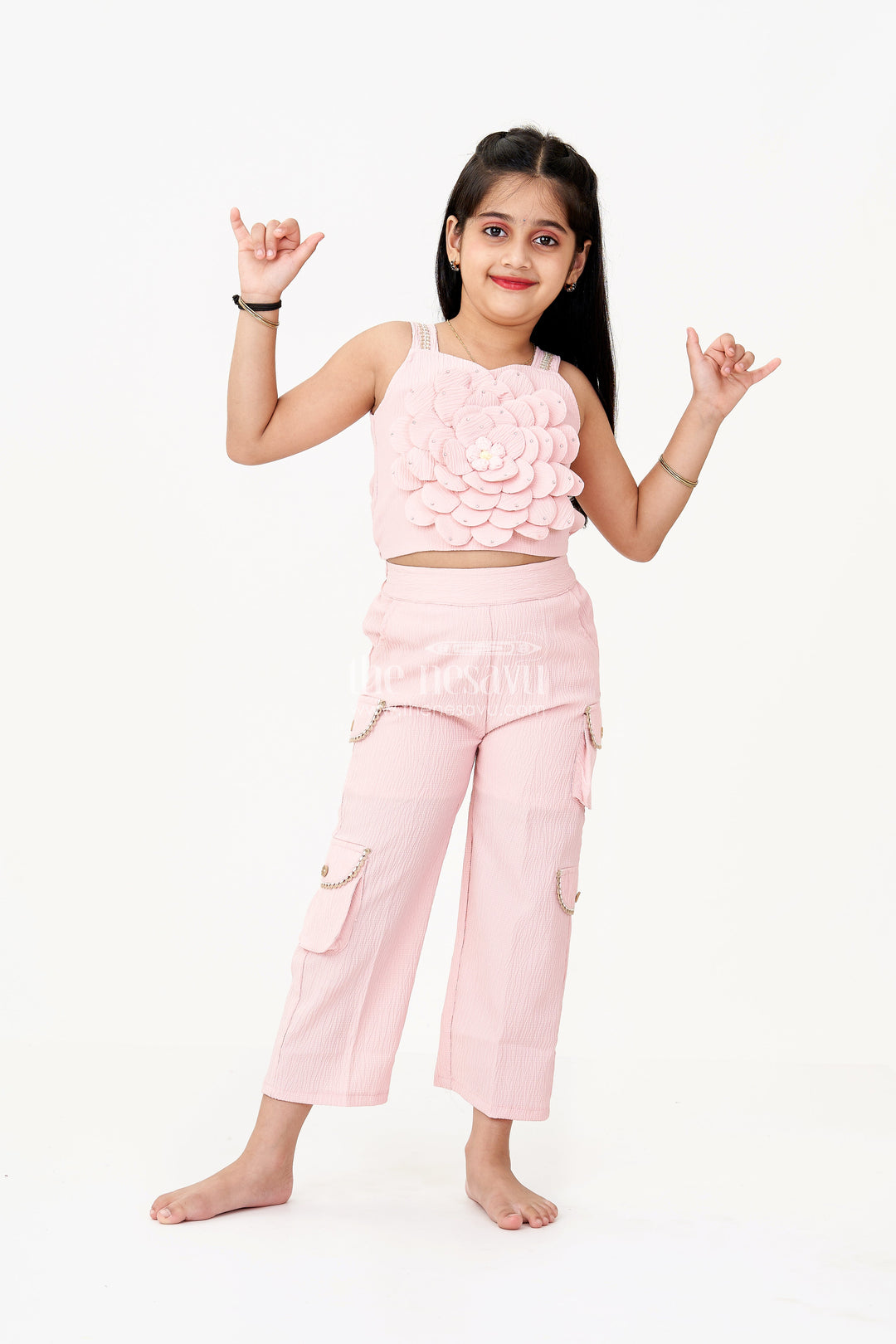 The Nesavu Girls Sharara / Plazo Set Girls Palazzo Suit Sets in Blended Viscose Fabric with 3D Flower Embellishments and Beaded Strap Detailing Nesavu 16 (1Y) / Pink GPS586A-16 Nesavu Girls Palazzo Suit Sets 3D Floral Embellishment Blended Viscose Texture Stylish Comfort
