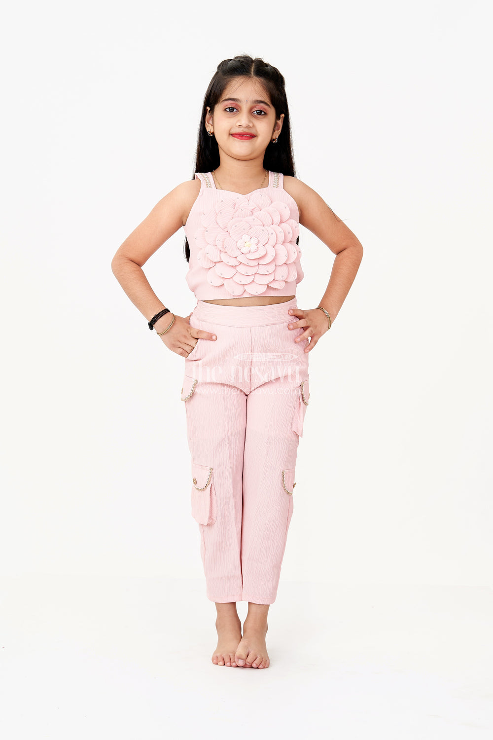 The Nesavu Girls Sharara / Plazo Set Girls Palazzo Suit Sets in Blended Viscose Fabric with 3D Flower Embellishments and Beaded Strap Detailing Nesavu Nesavu Girls Palazzo Suit Sets 3D Floral Embellishment Blended Viscose Texture Stylish Comfort