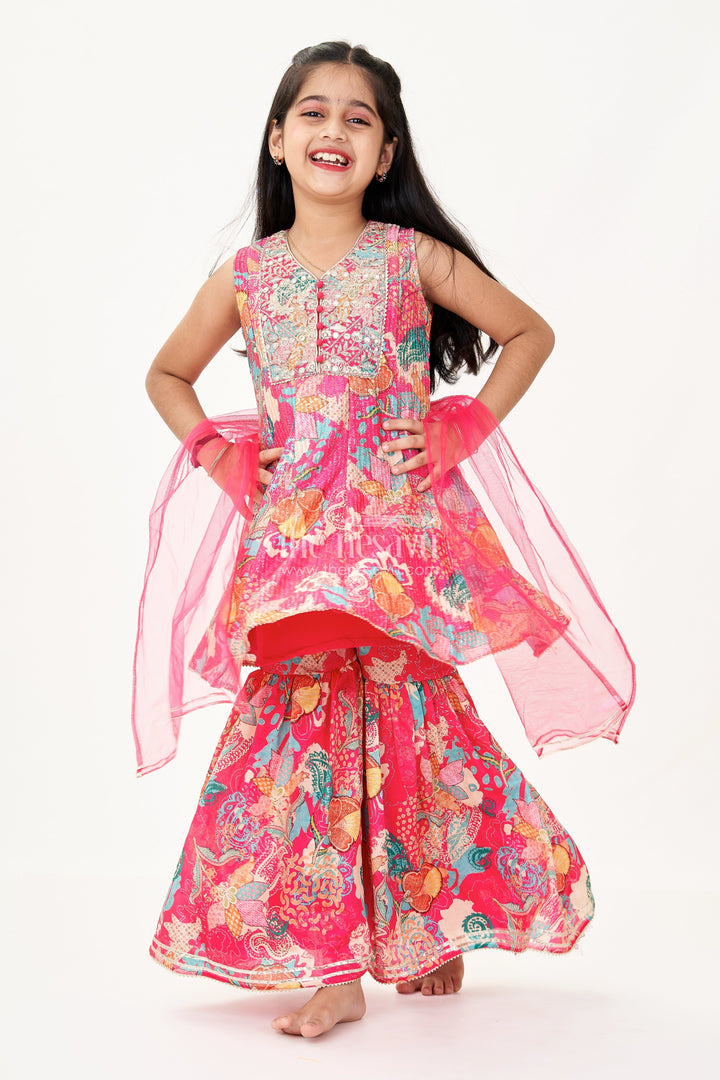 The Nesavu Girls Sharara / Plazo Set Girls Palazzo Wear Set with Bright Floral Georgette Digital Print and Sequin Embroidery Nesavu 22 (4Y) / Pink GPS582A-22 Nesavu Girls Palazzo Wear Bright Floral Georgette Digital Print Sequin Embellishments