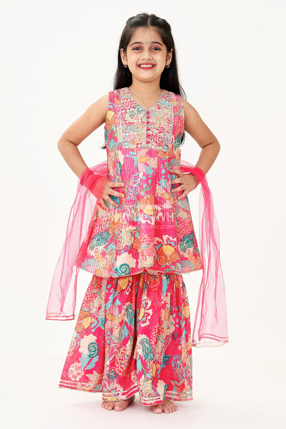 The Nesavu Girls Sharara / Plazo Set Girls Palazzo Wear Set with Bright Floral Georgette Digital Print and Sequin Embroidery Nesavu Nesavu Girls Palazzo Wear Bright Floral Georgette Digital Print Sequin Embellishments