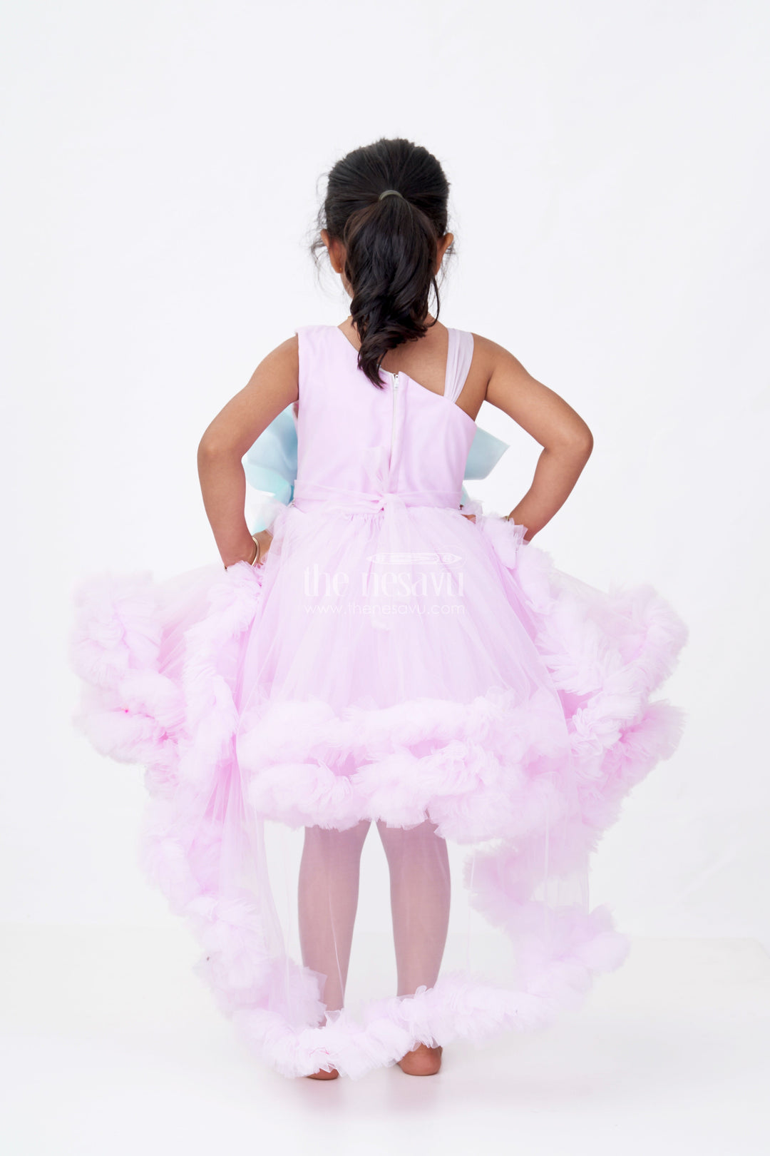 The Nesavu Girls Fancy Party Frock Girls Pari Wali Frock in Soft Plain Net with 3D Flower Embellishment and Layered Ruffle Design for Magical Moments Nesavu Nesavu Girls Pari Wali Frock Pastel Net Layered Ruffles 3D Floral Embellishment