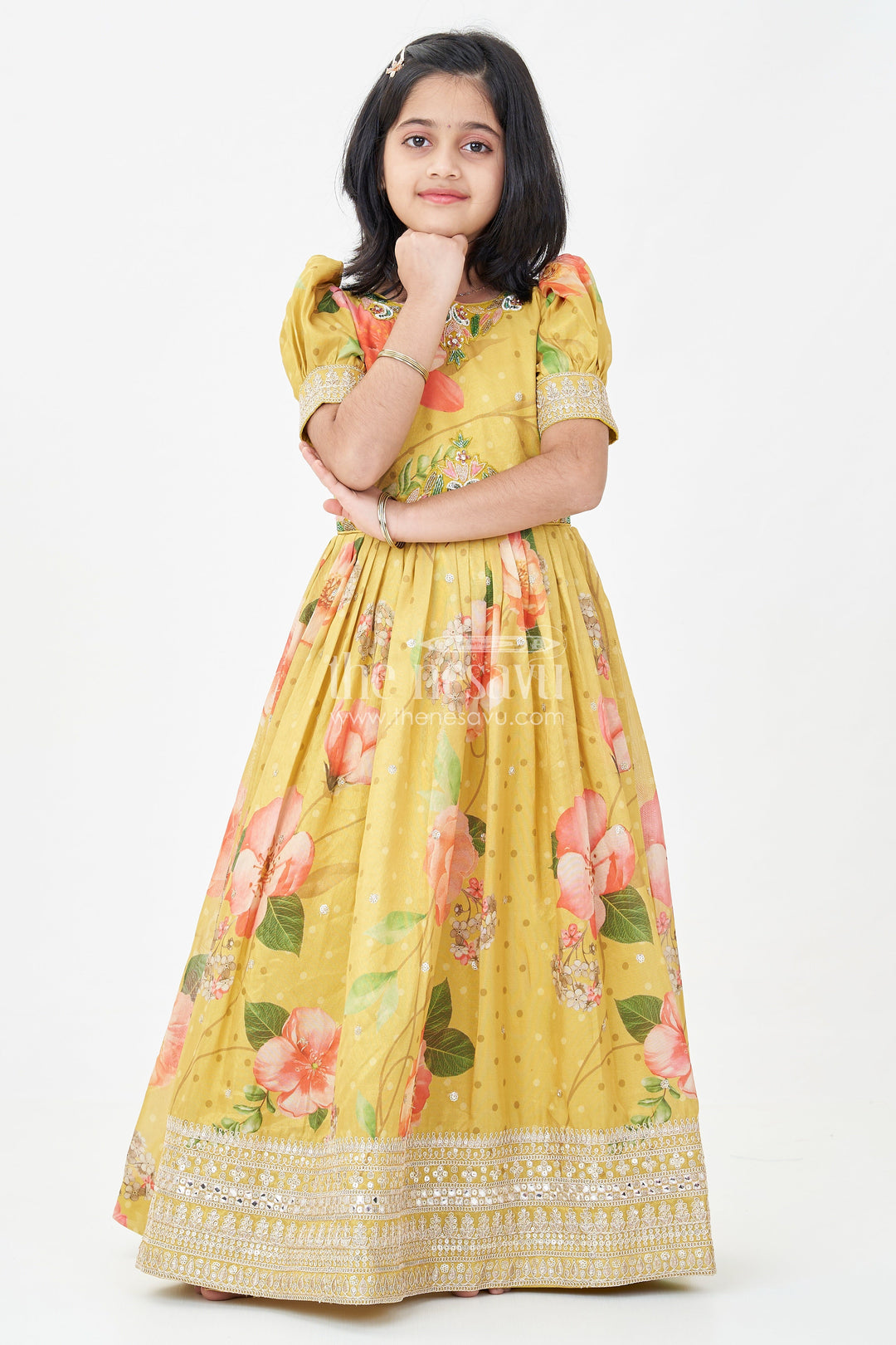 The Nesavu Girls Silk Gown Girls Party Anarkali Dress in Yellow Blend Chinon Silk with Digital Floral Print and Sequin Embroidered Border Nesavu Girls Party Anarkali Dress Chinon Silk Digital Floral Print Embellished Borders | The Nesavu