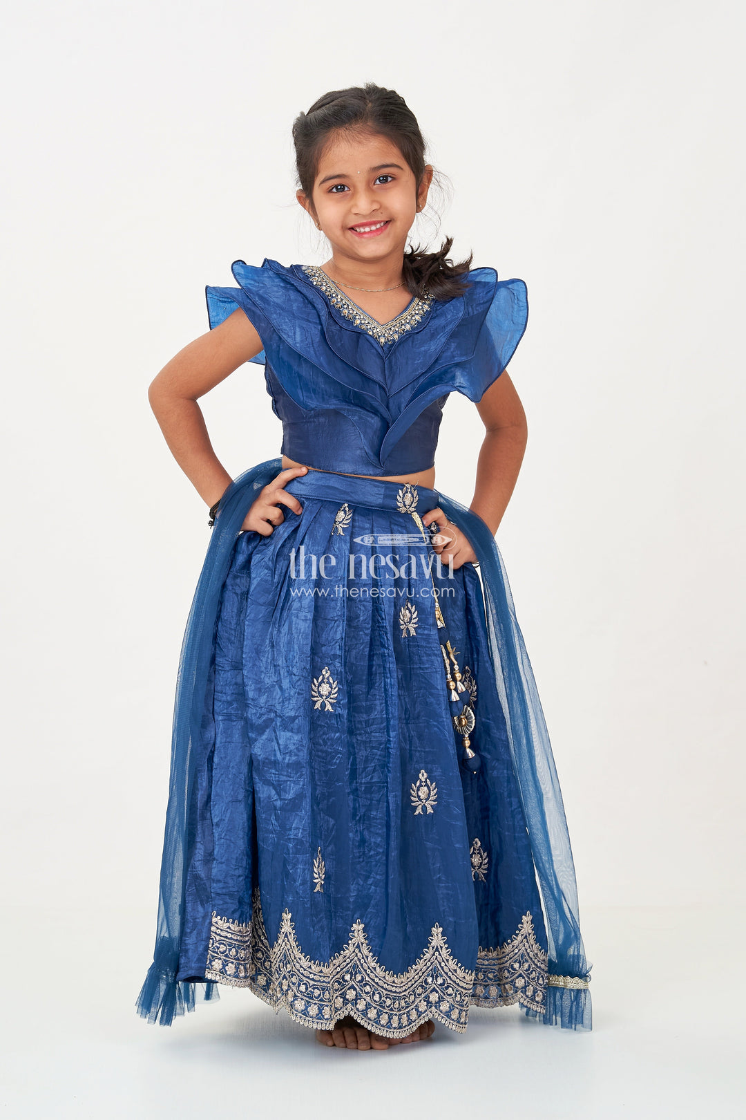 Girl Party Dress in Navy Blue Organza Lehenga with Golden Zari Embroidery and Ruffle Blouse | The Nesavu The Nesavu Girl Party Dress in Navy Blue Organza Lehenga with Golden Zari Embroidery and Ruffle Blouse | The Nesavu The Nesavu