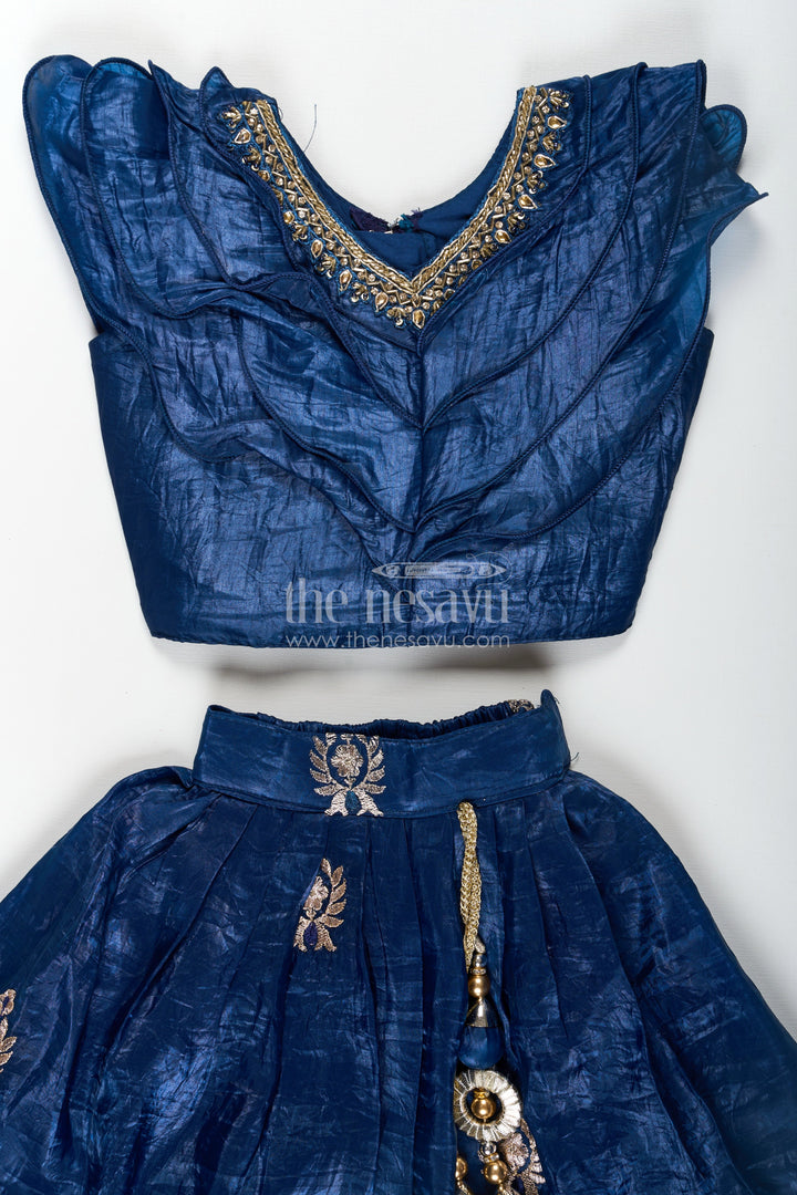 The Nesavu Girls Lehenga Choli Girls Party Dress in Navy Blue Organza Lehenga Choli with Elegant Zari Work and Flared Silhouette Nesavu Nesavu Girl Party Dress in Navy Blue Organza Lehenga with Golden Zari Embroidery and Ruffle Blouse