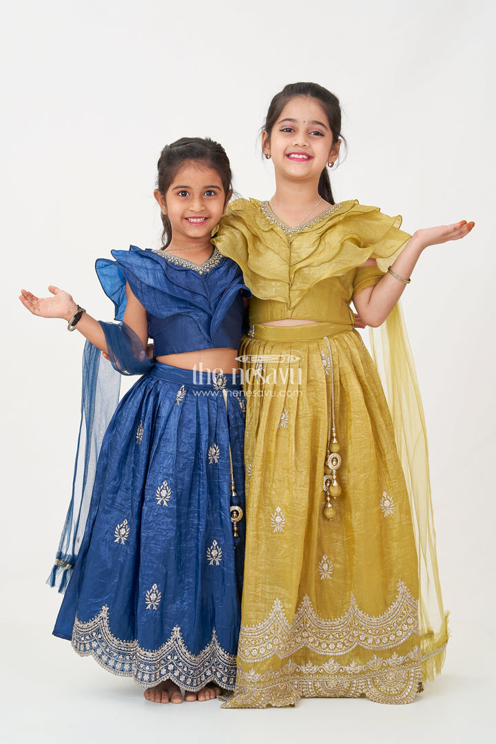 The Nesavu Girls Lehenga Choli Girls Party Dress in Navy Blue Organza Lehenga Choli with Elegant Zari Work and Flared Silhouette Nesavu Nesavu Girl Party Dress in Navy Blue Organza Lehenga with Golden Zari Embroidery and Ruffle Blouse