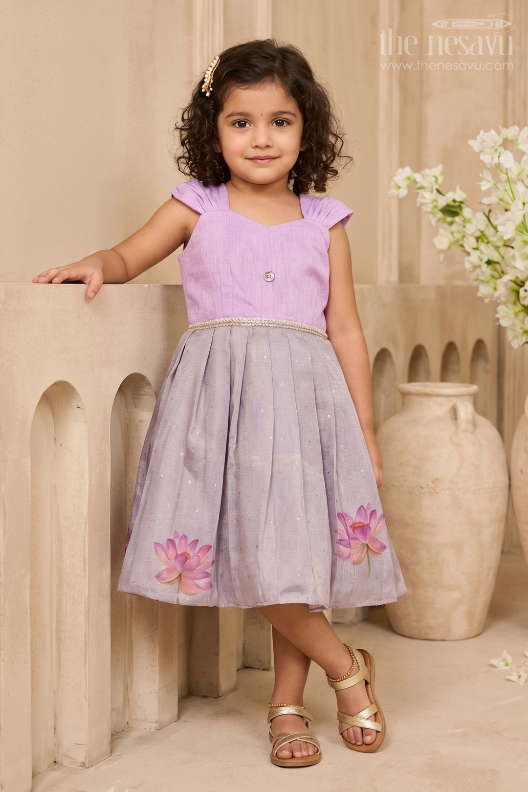 The Nesavu Silk Frock Girls Party Frock for Birthday Celebrations and Special Photo Moments Nesavu 20 (3Y) / Purple / Semi Banarasi SF1218A-20 Nesavu Girls Semi Banaras Silk Party Frock With Shimmer Skirt For Birthdays And Celebrations