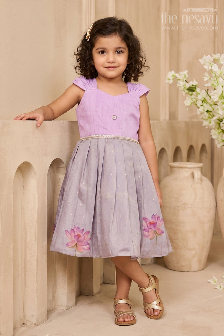 The Nesavu Silk Frock Girls Party Frock for Birthday Celebrations and Special Photo Moments Nesavu 20 (3Y) / Purple / Semi Banarasi SF1218A-20 Nesavu Girls Semi Banaras Silk Party Frock With Shimmer Skirt For Birthdays And Celebrations