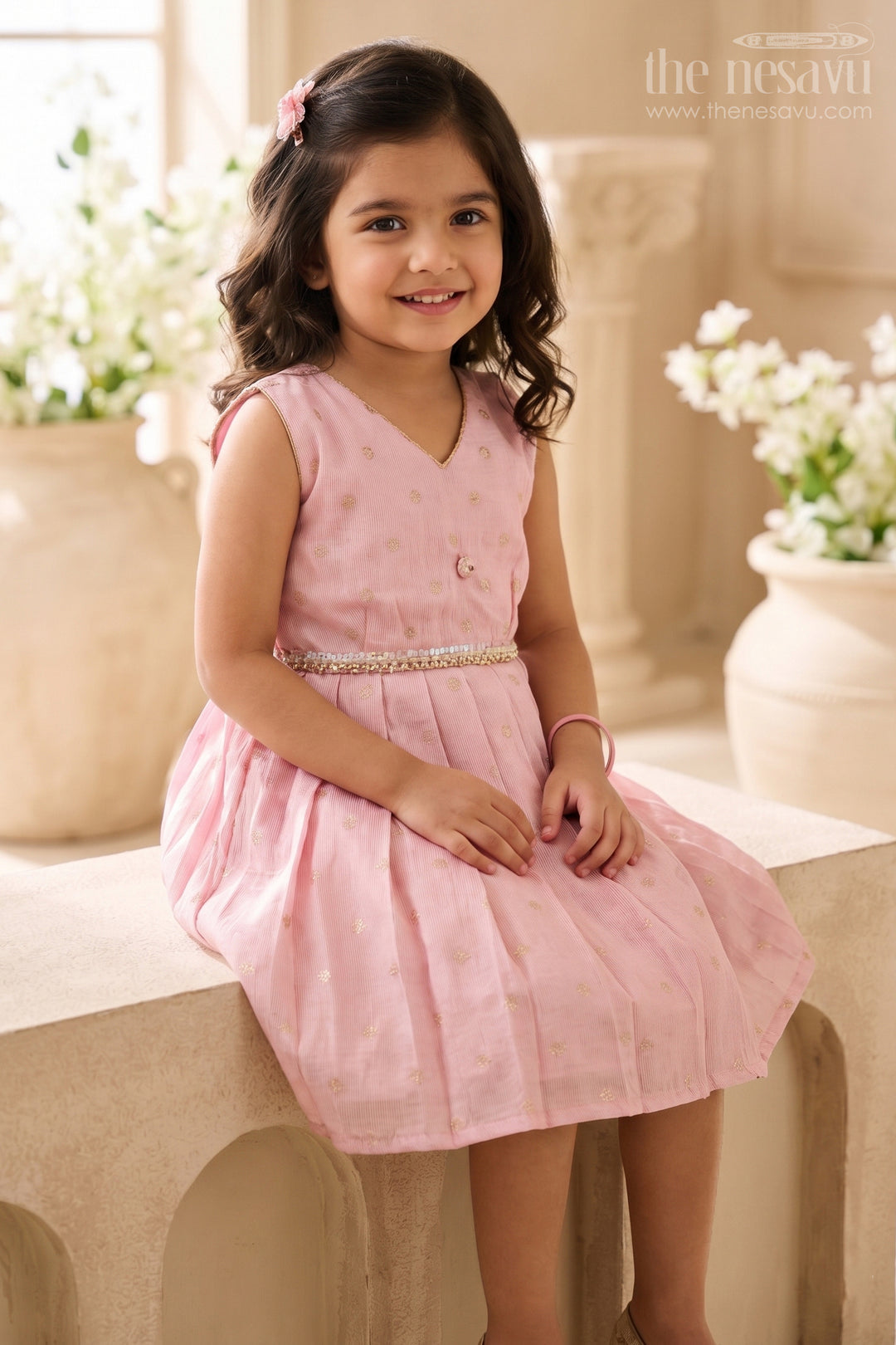 The Nesavu Silk Frock Girls Party Frock for Milestone Celebrations and Family Portraits Nesavu 16 (1Y) / Pink / Semi Banarasi SF1217A-16 Nesavu Girls Semi Banaras Silk Party Frock For Milestone Celebrations And Family Events