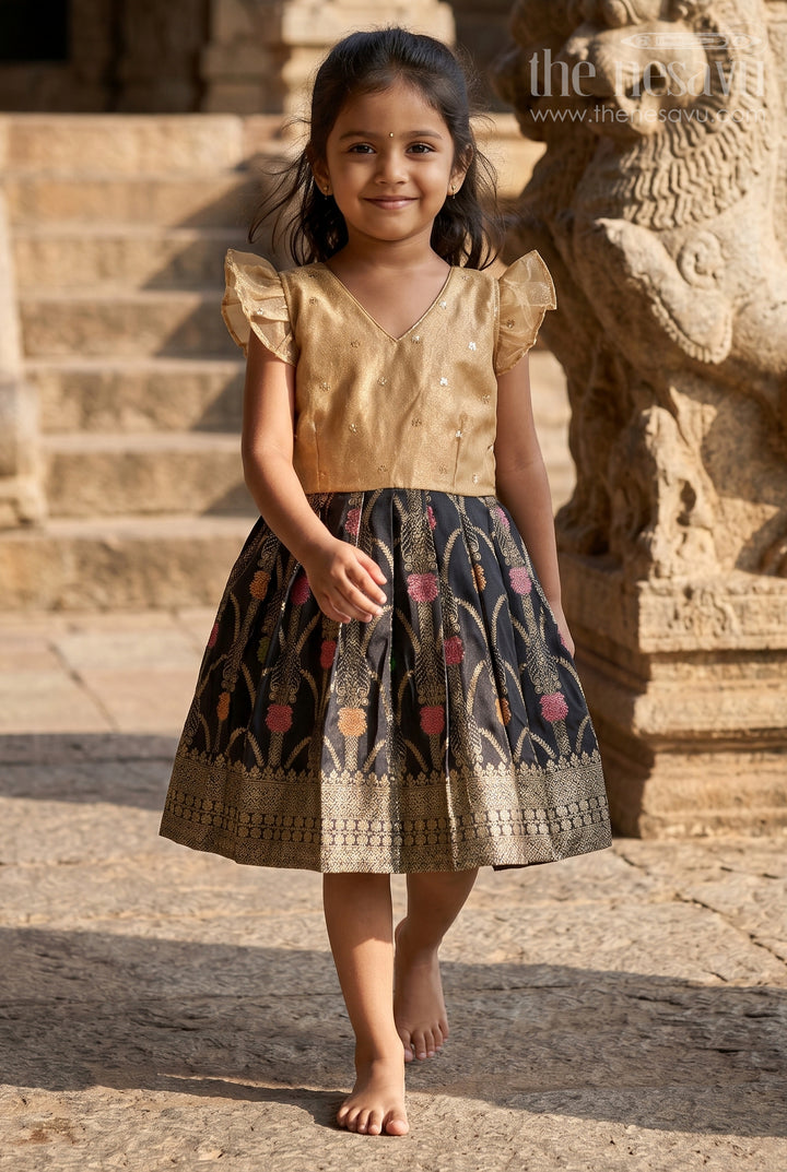 The Nesavu Silk Frock Girls Party Frock for Wedding and Festive Evenings Nesavu 16 (1Y) / Gold / Semi Banarasi SF1166A-16 Nesavu Girls Party Frock With Tissue Silk Yoke And Zari Border For Festive Occasions
