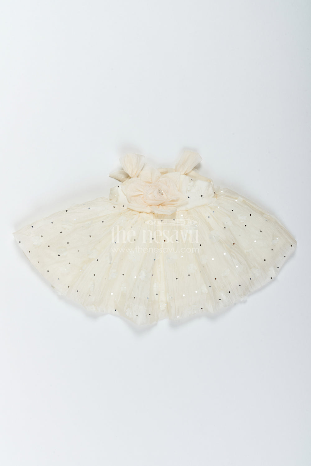 The Nesavu Girls Fancy Frock Girls Party Frock in Off White for Special Functions Nesavu 12 (3M) / Off White / Georgette PF347B-12 Nesavu Girls Party Frock In Off White With Thread Embroidery PF347B-12