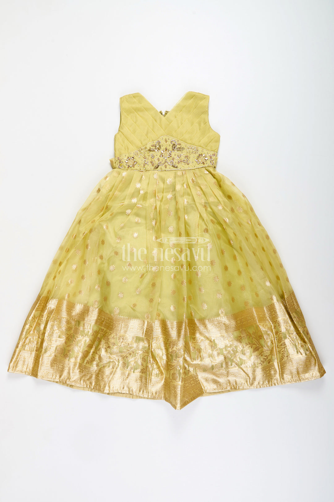 The Nesavu Girls Party Gown Girls Party Gown for Birthdays and Festive Celebrations Nesavu Nesavu girls party gown kora tissue silk zari border festive celebrations