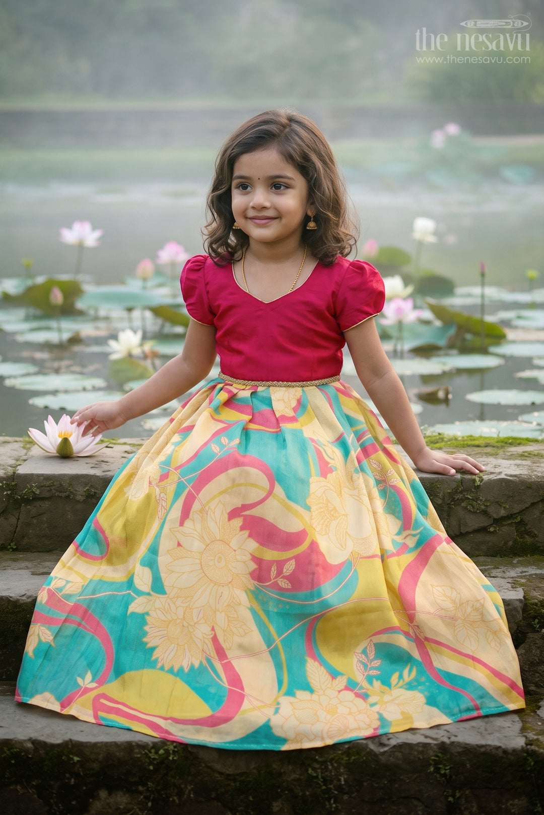 The Nesavu Girls Silk Gown Girls Party Gown for Wedding Receptions and Festive Photos Nesavu 22 (4Y) / Pink / Semi Banarasi GA409B-22 Nesavu Girls Semi Banaras Silk Digital Print Gown For Weddings And Festive Celebrations