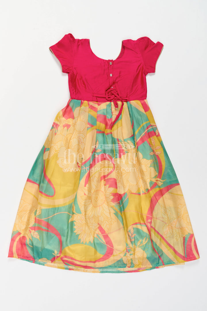 The Nesavu Girls Silk Gown Girls Party Gown for Wedding Receptions and Festive Photos Nesavu Nesavu Girls Semi Banaras Silk Digital Print Gown For Weddings And Festive Celebrations